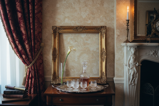 Tarnished silverplate trinket box, crystal ring holder, and powder jar on a velvet dressing surface — Gilded Estate collection, Jolene Le Mille Archive