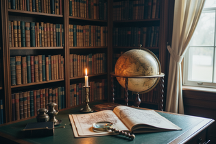 Leather-bound books, brass magnifying glass, and a globe on a mahogany stand in a Victorian study — Academic Study collection, Jolene Le Mille Archive