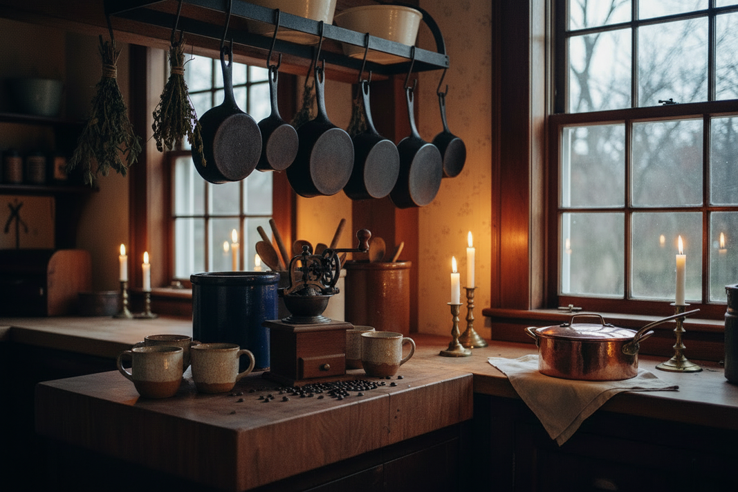 Seasoned cast iron skillet, salt-glazed stoneware crock, and copper pot on a worn farmhouse surface — Potlicker Pantry collection, Jolene Le Mille Archive