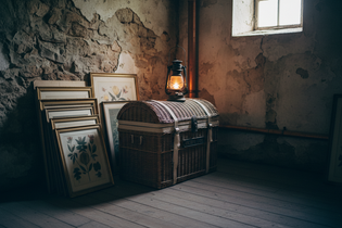 Stack of mixed vintage objects on a dim Manor hallway shelf with an oil lantern casting low amber light — Last Call collection, Jolene Le Mille Archive