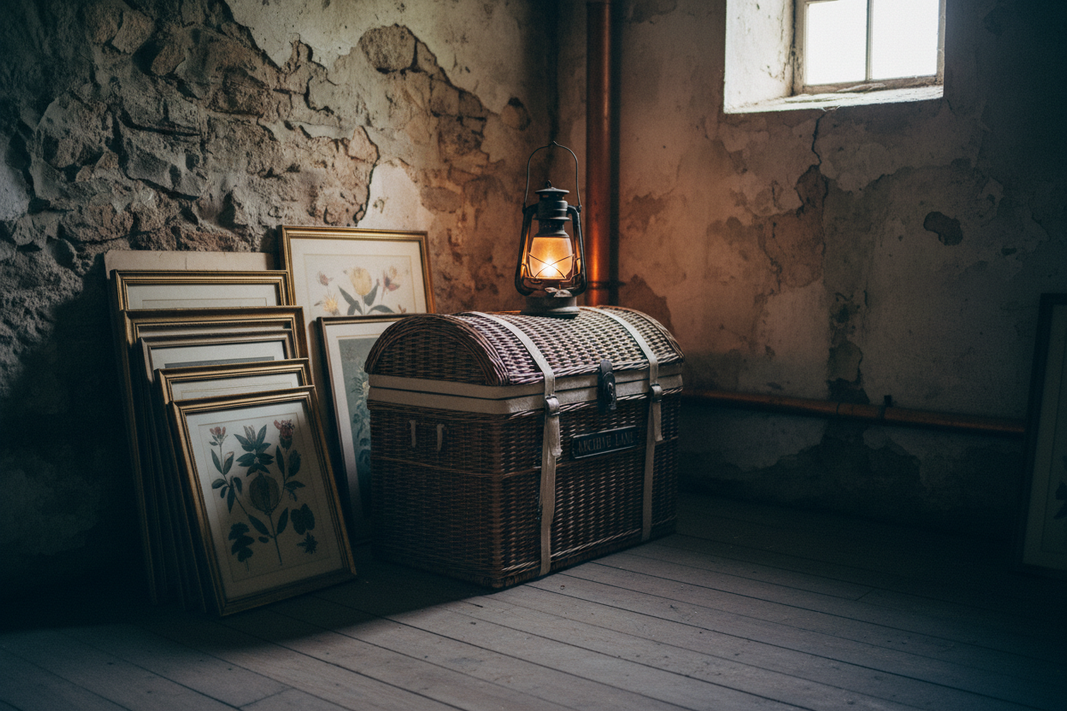 Stack of mixed vintage objects on a dim Manor hallway shelf with an oil lantern casting low amber light — Last Call collection, Jolene Le Mille Archive