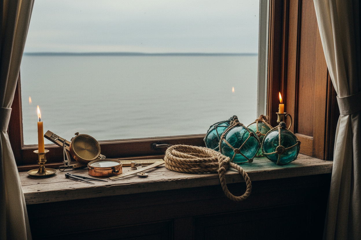 Vintage nautical brass compass, weathered buoy, and coiled fishing rope on sun-bleached driftwood surface — LeMaire Shore collection, Jolene Le Mille Archive