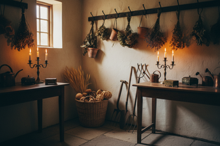 Amber apothecary bottles, salt-glazed stoneware crock, and dried botanicals on a worn farmhouse surface — Harvest Rust collection, Jolene Le Mille Archive