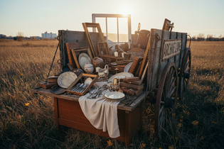 Open vintage steamer trunk with raw estate finds spilling out, uncleaned brass and aged ceramics on warm oak floor — Modish Unlisted Decor, The Hunter's Trunk, Jolene Le Mille