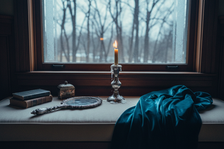 Silver candlesticks, crystal glassware, and deep velvet throw on a dark winter table — Velvet Frost collection, Jolene Le Mille Archive