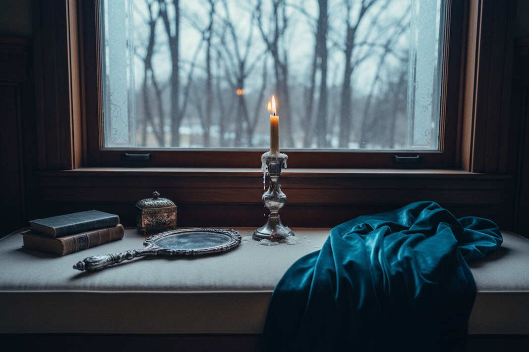 Silver candlesticks, crystal glassware, and deep velvet throw on a dark winter table — Velvet Frost collection, Jolene Le Mille Archive