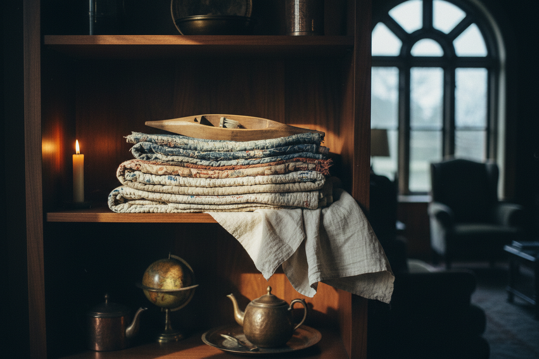 Stack of antique folded quilts and woven textiles in indigo, cream, and rust on a walnut surface — Woven History collection, Jolene Le Mille Archive