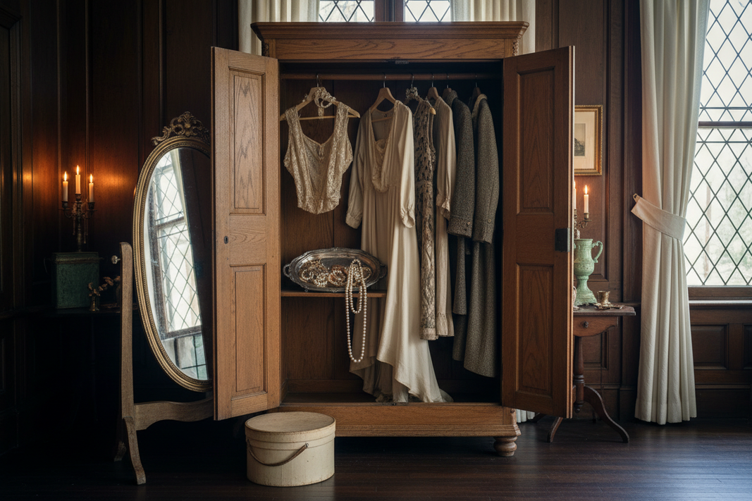 Vintage waxed canvas satchel, brass magnifying glass, and folded tweed coat on a worn oak surface — Founder's Wardrobe collection, Jolene Le Mille Archive
