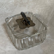 Victorian Pressed Glass Covered Box | Silver Plate Fish Finial Lid | Engraved Cartouche Mount | Octagonal Ribbed Body | circa 1880–1910 | Antique Tableware | Collector Glass