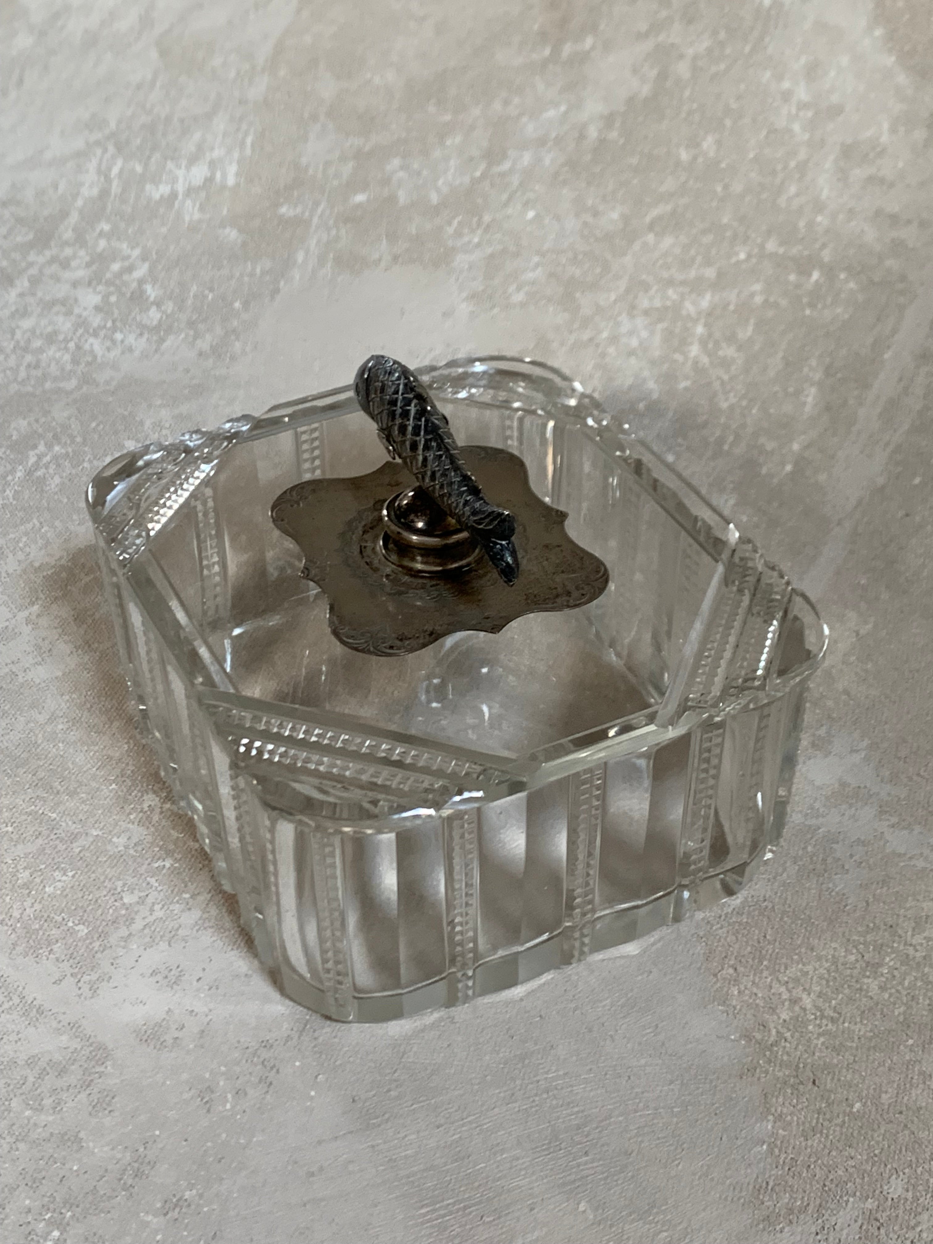 Victorian Pressed Glass Covered Box | Silver Plate Fish Finial Lid | Engraved Cartouche Mount | Octagonal Ribbed Body | circa 1880–1910 | Antique Tableware | Collector Glass