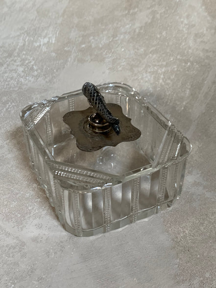 Victorian Pressed Glass Covered Box | Silver Plate Fish Finial Lid | Engraved Cartouche Mount | Octagonal Ribbed Body | circa 1880–1910 | Antique Tableware | Collector Glass
