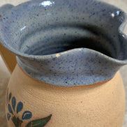 Hand-Thrown Stoneware Pitcher | Cobalt Blue Folk Botanical | Ruffled Rim | American Studio Pottery | Buff Clay | Signed | 1970s–1990s Craft Revival