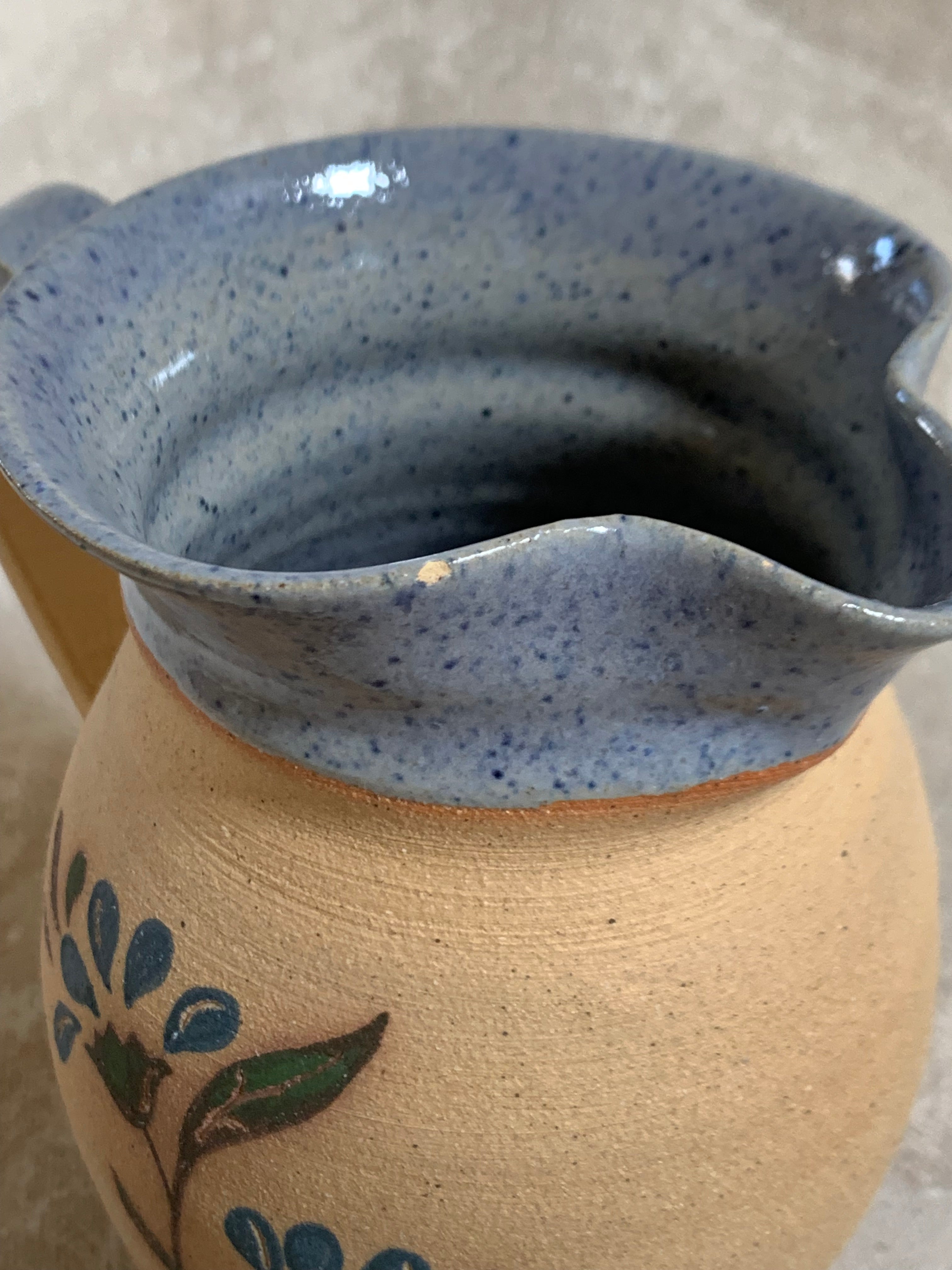 Hand-Thrown Stoneware Pitcher | Cobalt Blue Folk Botanical | Ruffled Rim | American Studio Pottery | Buff Clay | Signed | 1970s–1990s Craft Revival