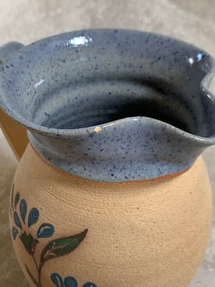 Hand-Thrown Stoneware Pitcher | Cobalt Blue Folk Botanical | Ruffled Rim | American Studio Pottery | Buff Clay | Signed | 1970s–1990s Craft Revival