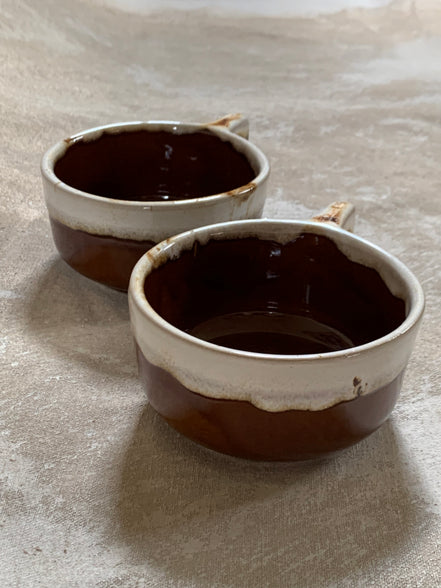 Western Stoneware Co. Mug Set of Two | WS Maple Leaf Mark | Brown Drip Glaze | Loop Handle | Monmouth Illinois | circa 1960s–1970s | Stoneware | Kitchen Decor