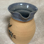 Hand-Thrown Stoneware Pitcher | Cobalt Blue Folk Botanical | Ruffled Rim | American Studio Pottery | Buff Clay | Signed | 1970s–1990s Craft Revival