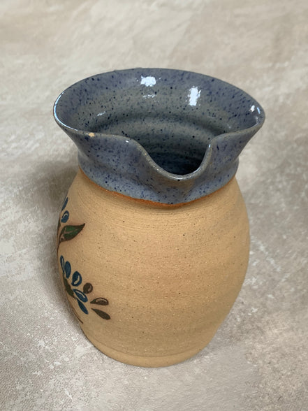 Hand-Thrown Stoneware Pitcher | Cobalt Blue Folk Botanical | Ruffled Rim | American Studio Pottery | Buff Clay | Signed | 1970s–1990s Craft Revival