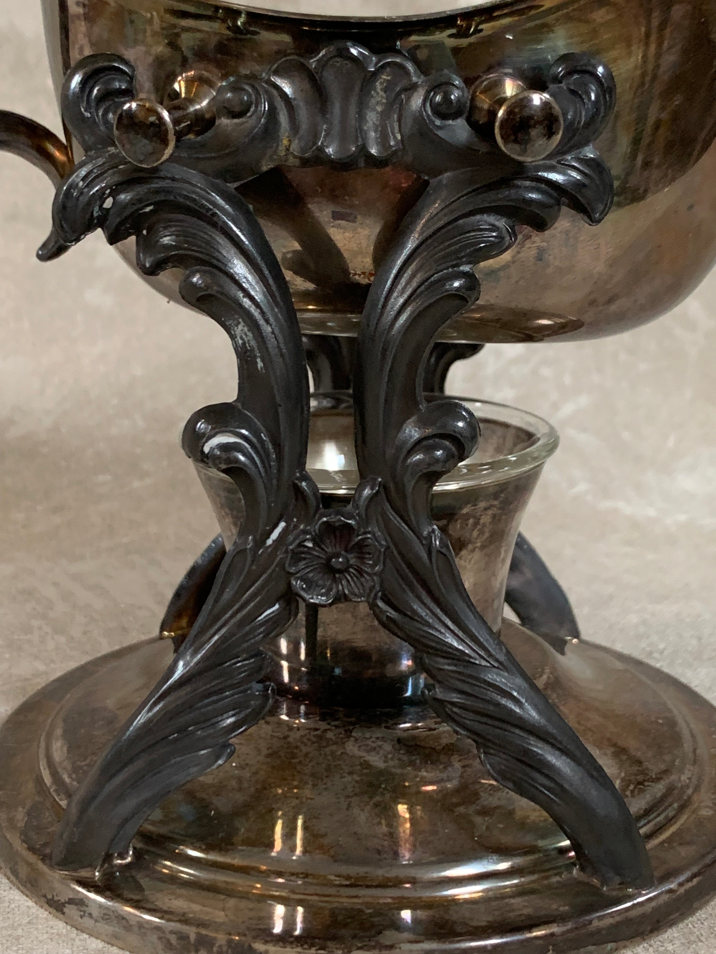 F.B. Rogers Silver Co. Gravy Boat on Rococo Warming Stand, Complete