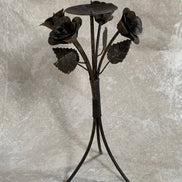 Hand-Fabricated Iron Rose Candleholder | Pillar Candle Spike | Tripod Bouquet Base | Wire-Wrapped Stem | Dark Patina | Folk Metalwork | Romantic Gothic Decor