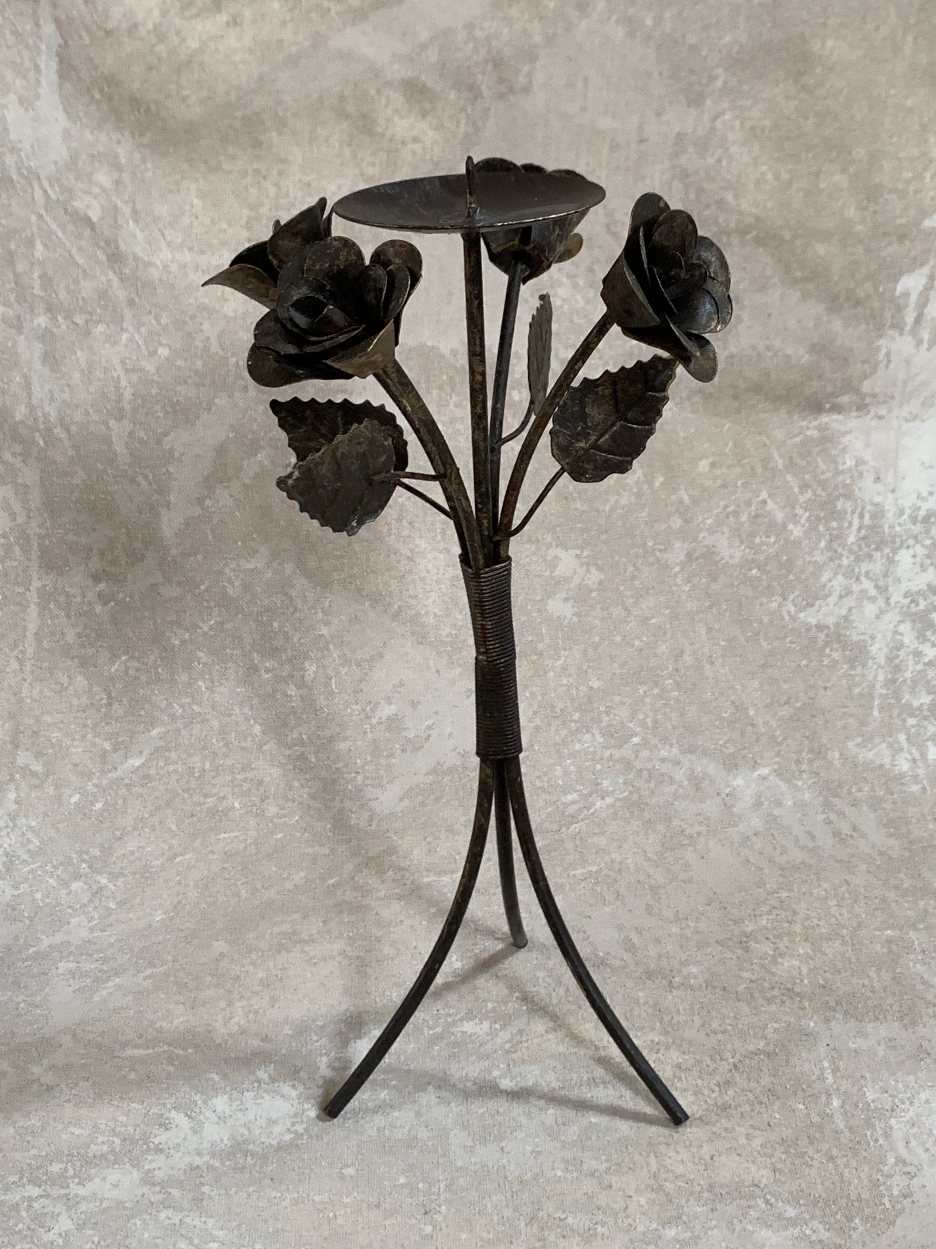 Hand-Fabricated Iron Rose Candleholder | Pillar Candle Spike | Tripod Bouquet Base | Wire-Wrapped Stem | Dark Patina | Folk Metalwork | Romantic Gothic Decor
