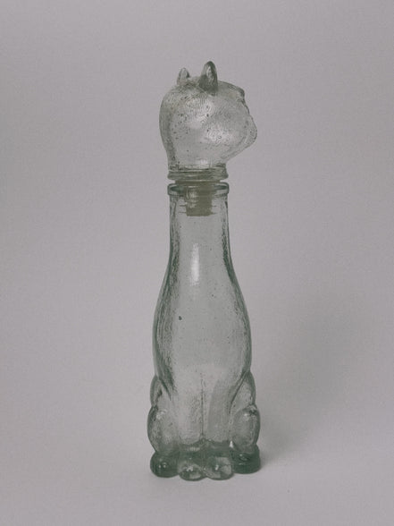 Mid-Century Style Figural Glass Cat Decanter, Green Tint, Made in Taiwan