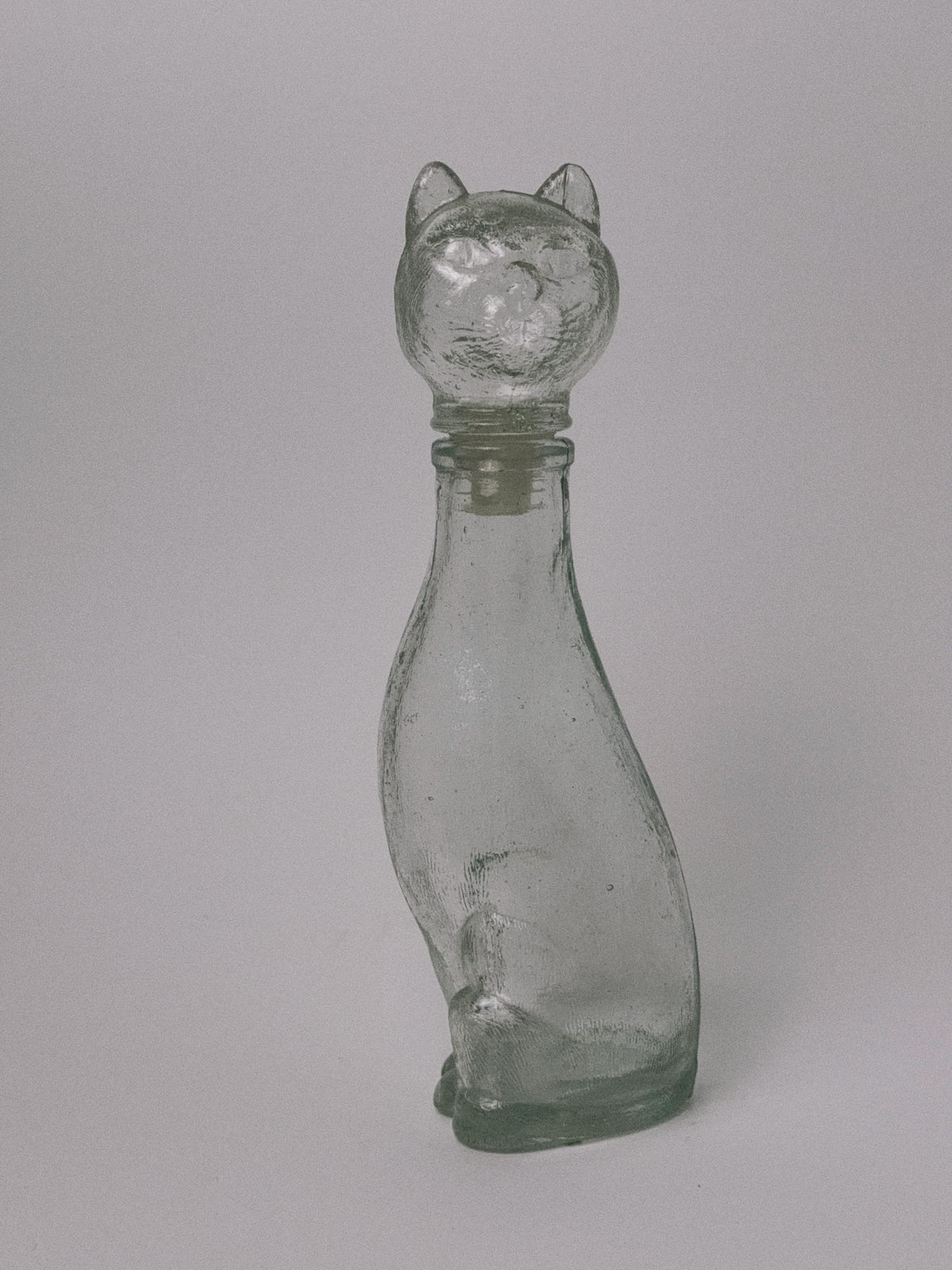 Mid-Century Style Figural Glass Cat Decanter, Green Tint, Made in Taiwan