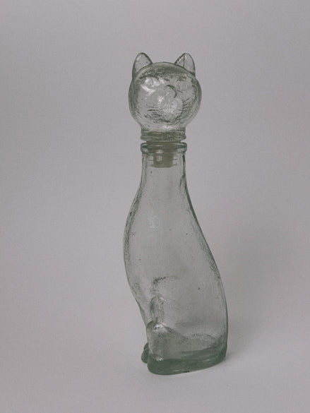 Mid-Century Style Figural Glass Cat Decanter, Green Tint, Made in Taiwan