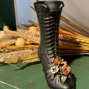 Tall Black Ceramic Lace-Up Boot Vase with Roses and Daisy