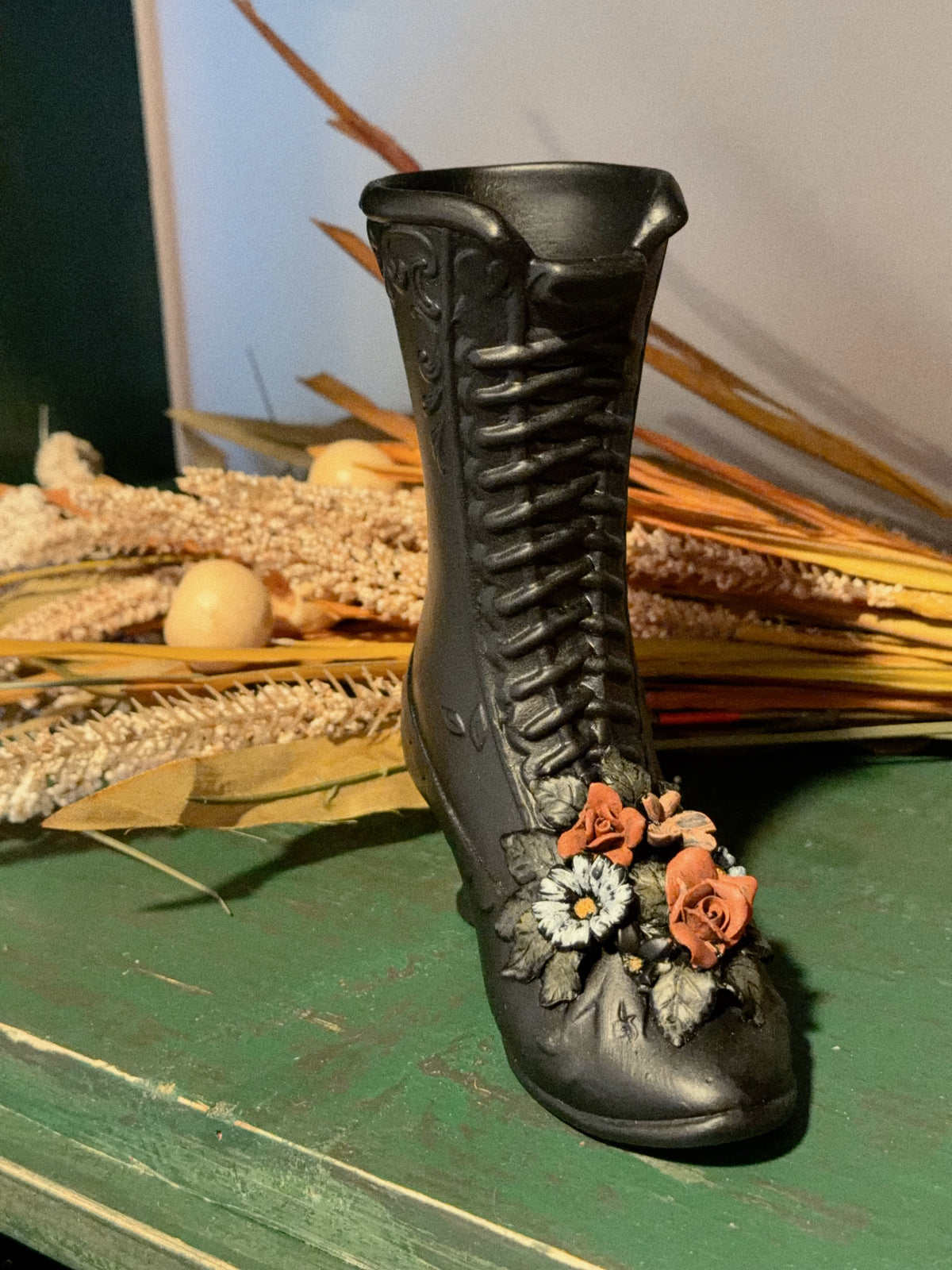 Tall Black Ceramic Lace-Up Boot Vase with Roses and Daisy
