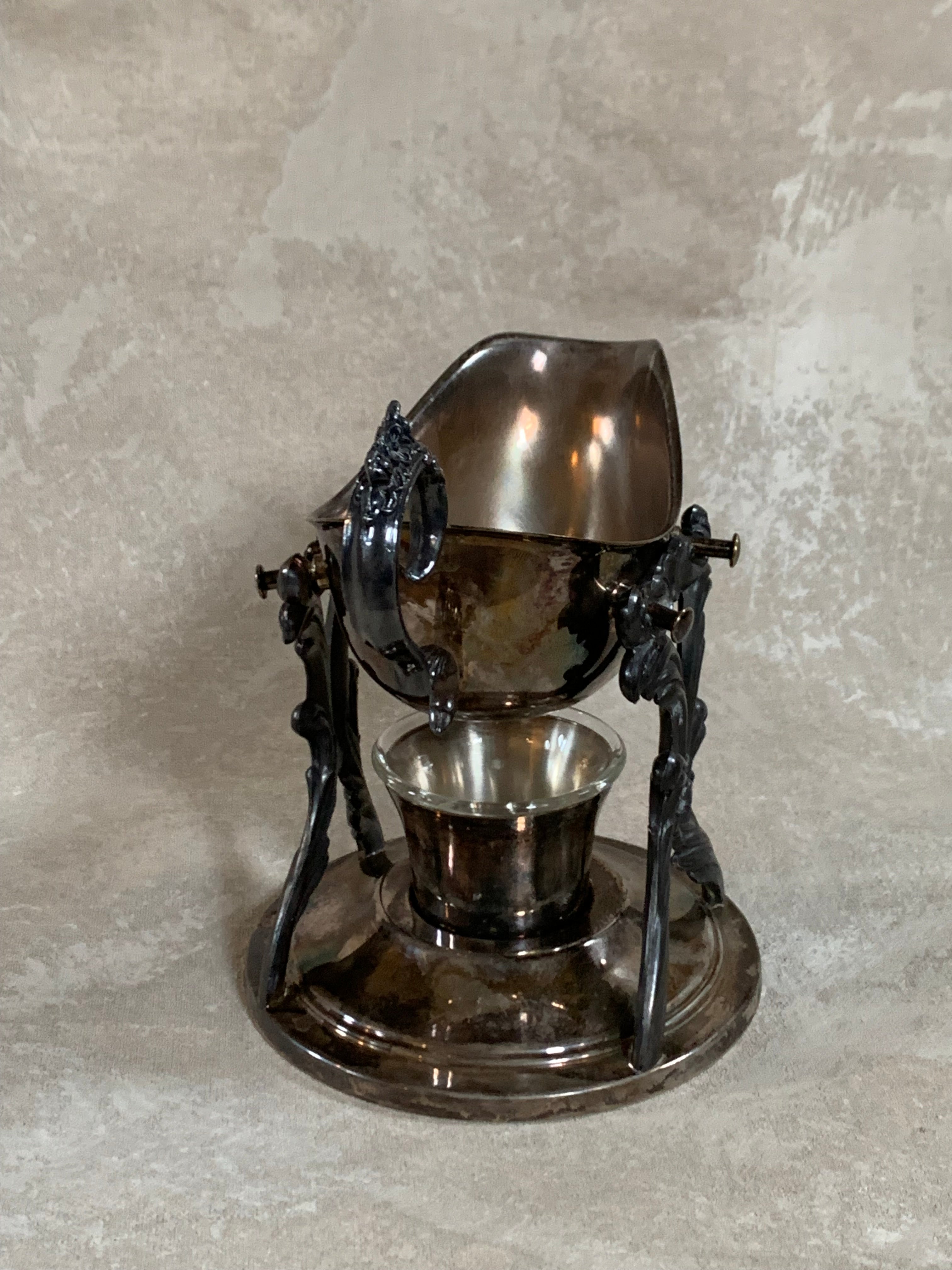 F.B. Rogers Silver Co. Gravy Boat on Rococo Warming Stand, Complete