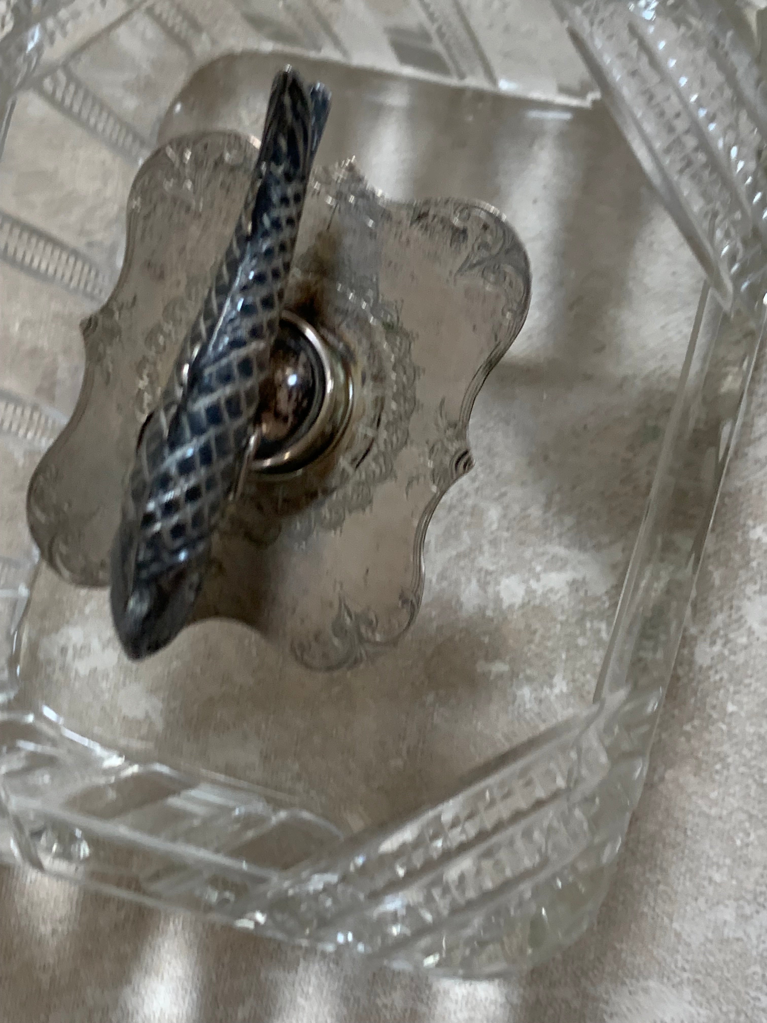 Victorian Pressed Glass Covered Box | Silver Plate Fish Finial Lid | Engraved Cartouche Mount | Octagonal Ribbed Body | circa 1880–1910 | Antique Tableware | Collector Glass