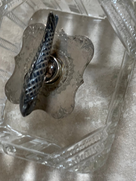 Victorian Pressed Glass Covered Box | Silver Plate Fish Finial Lid | Engraved Cartouche Mount | Octagonal Ribbed Body | circa 1880–1910 | Antique Tableware | Collector Glass