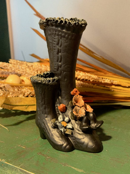 Black Ceramic Double Boot Vase with Ruffled Tops and Flowers