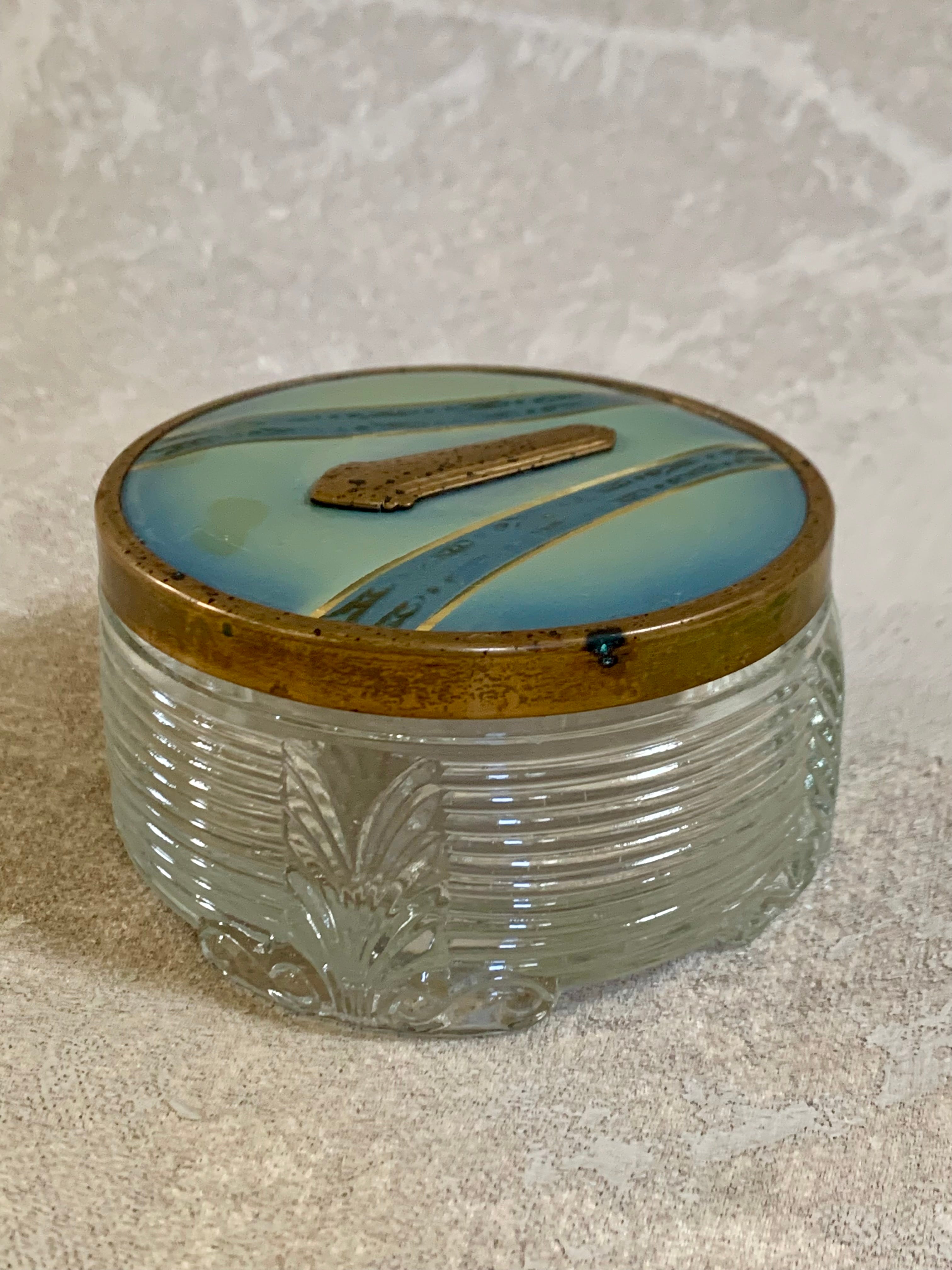 Pressed glass base of Art Deco powder jar — geometric pattern, 1920s–1930s
