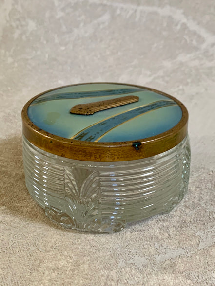 Pressed glass base of Art Deco powder jar — geometric pattern, 1920s–1930s