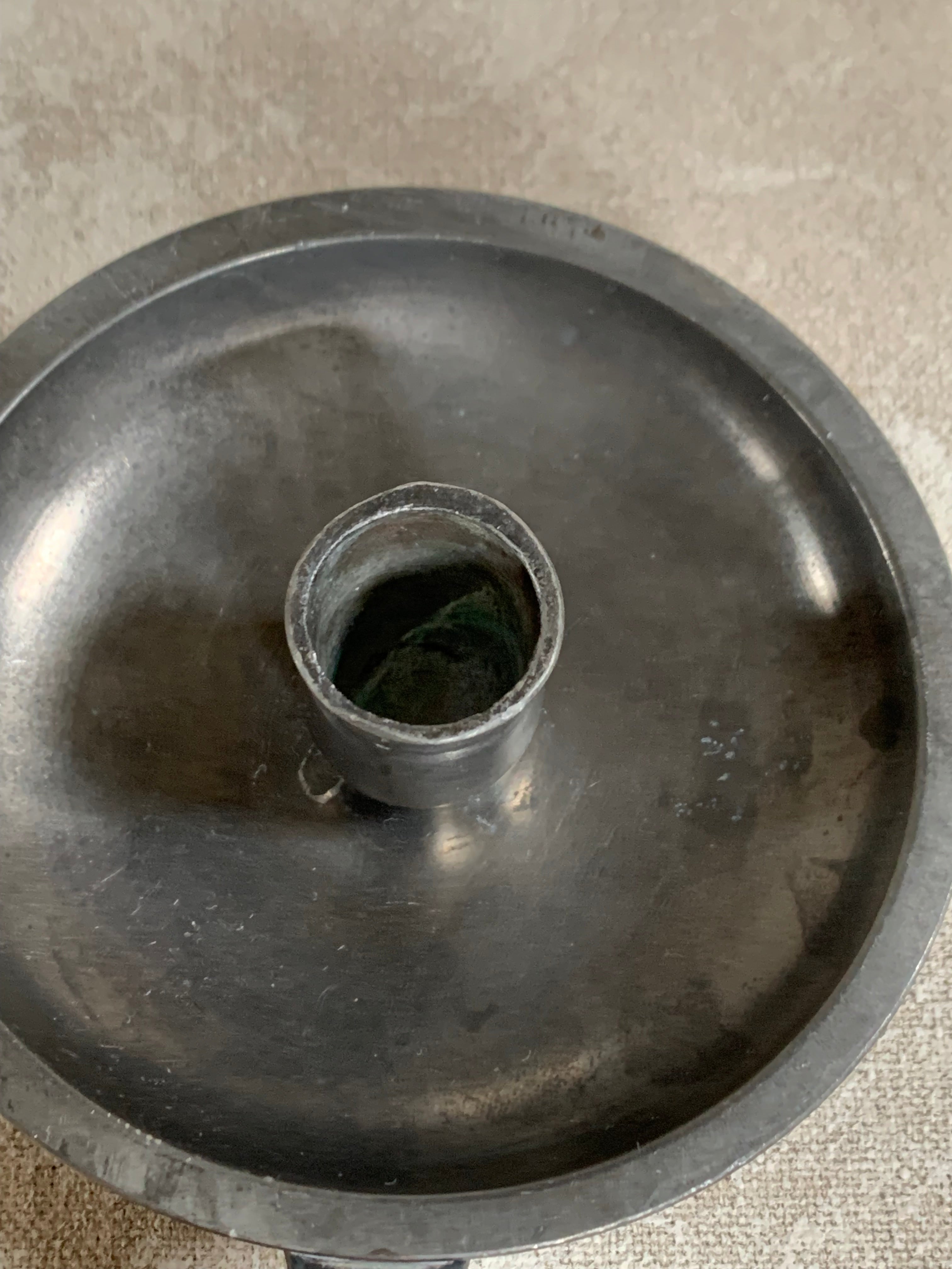 Antique Pewter Chamber Candlestick | Paddle Handle | Drip Tray | Struck Touch Mark | Taper Candle Holder | Colonial Style | American or English Pewter