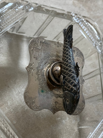 Victorian Pressed Glass Covered Box | Silver Plate Fish Finial Lid | Engraved Cartouche Mount | Octagonal Ribbed Body | circa 1880–1910 | Antique Tableware | Collector Glass