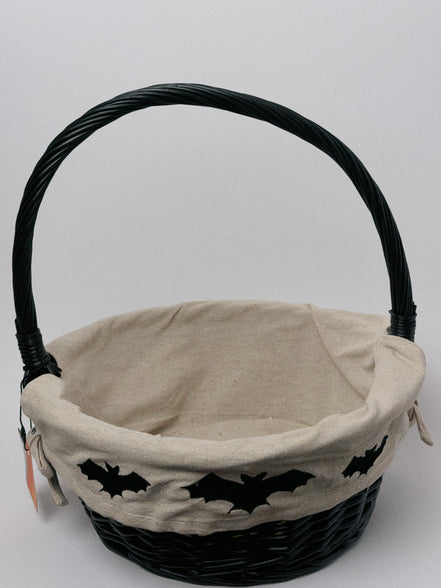 Black Wicker Halloween Basket with Embroidered Bat Liner