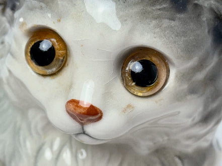 Vintage Ceramic Kitten Figurine with Glass Eyes, Gray and White