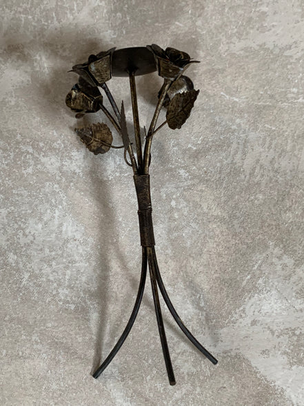 Hand-Fabricated Iron Rose Candleholder | Pillar Candle Spike | Tripod Bouquet Base | Wire-Wrapped Stem | Dark Patina | Folk Metalwork | Romantic Gothic Decor
