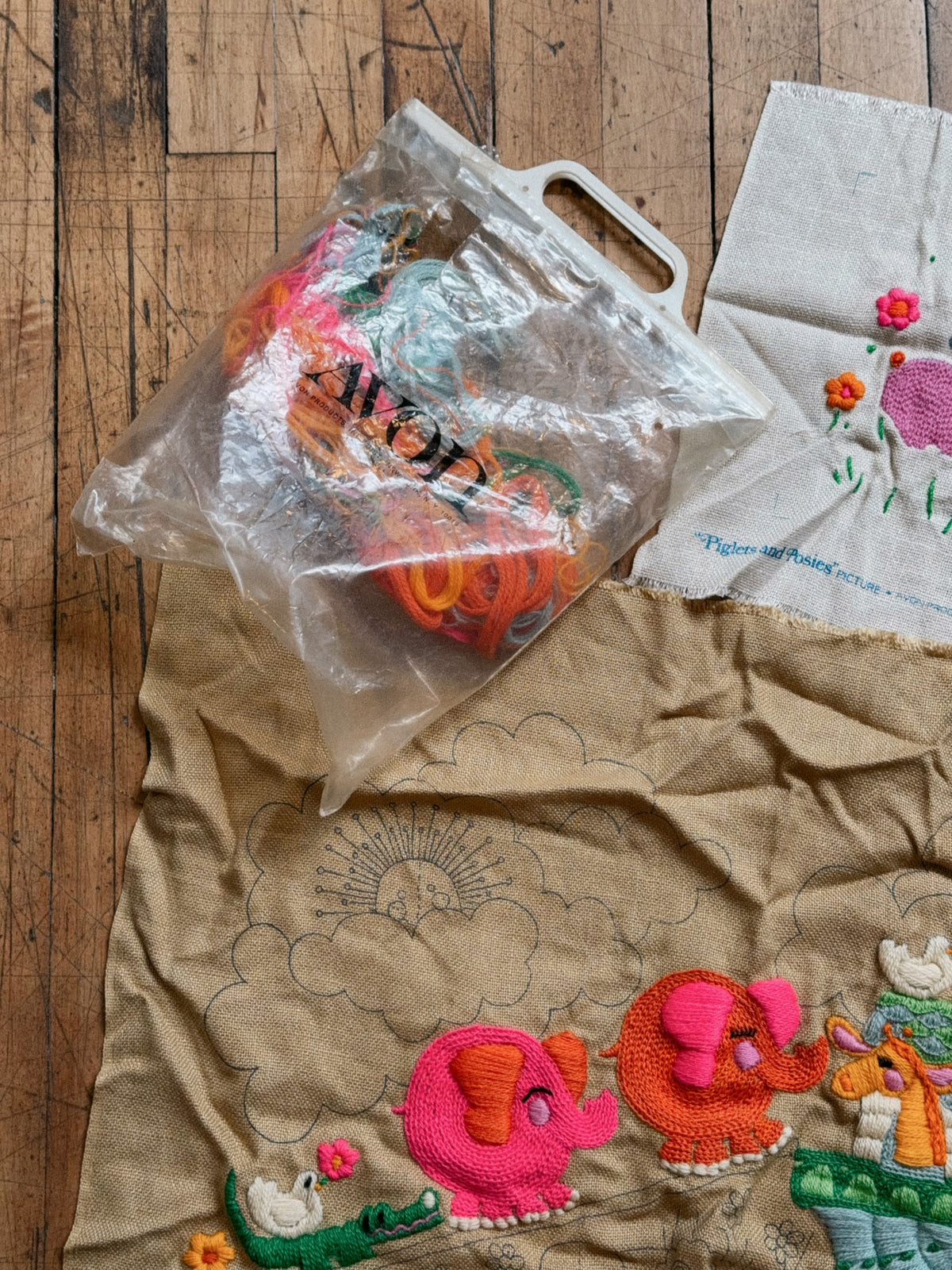 Vintage Avon Creative Needlecraft Crewel Embroidery Kits, Noah's Ark & Piglets and Posies, Started, Set of 2 with Hoops & Yarn