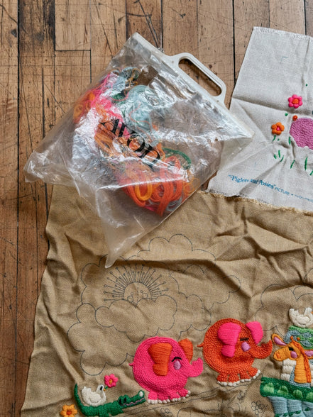 Vintage Avon Creative Needlecraft Crewel Embroidery Kits, Noah's Ark & Piglets and Posies, Started, Set of 2 with Hoops & Yarn