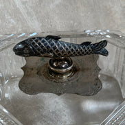 Victorian Pressed Glass Covered Box | Silver Plate Fish Finial Lid | Engraved Cartouche Mount | Octagonal Ribbed Body | circa 1880–1910 | Antique Tableware | Collector Glass
