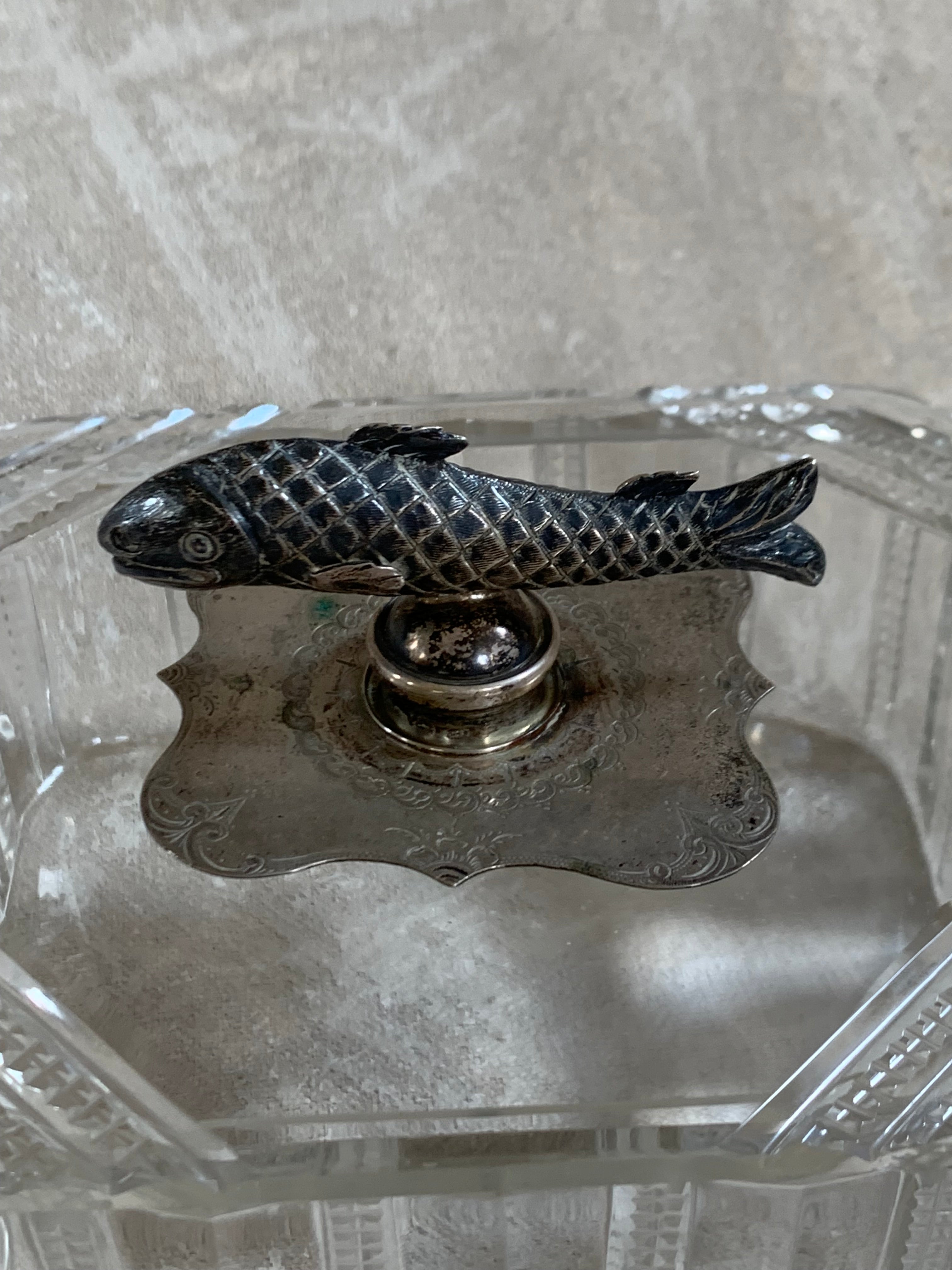 Victorian Pressed Glass Covered Box | Silver Plate Fish Finial Lid | Engraved Cartouche Mount | Octagonal Ribbed Body | circa 1880–1910 | Antique Tableware | Collector Glass
