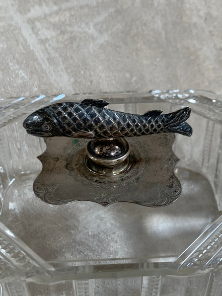 Victorian Pressed Glass Covered Box | Silver Plate Fish Finial Lid | Engraved Cartouche Mount | Octagonal Ribbed Body | circa 1880–1910 | Antique Tableware | Collector Glass