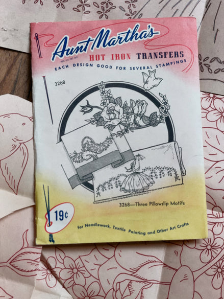 Vintage Aunt Martha's Hot Iron Transfer #3268 "Three Pillowslip Motifs," Colonial Girl, Roses & Bluebird Embroidery Pattern