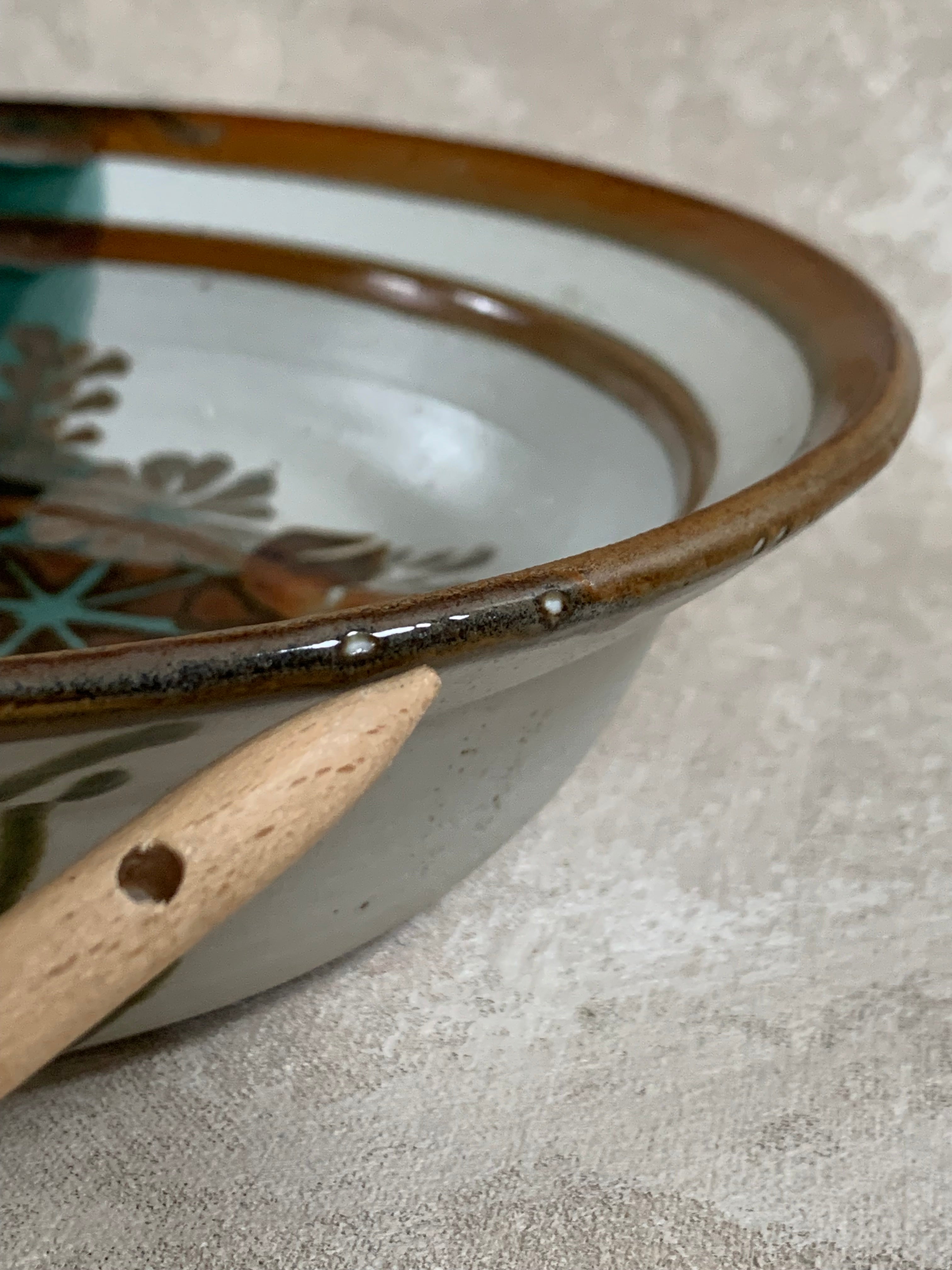 Apple Lane Pottery Bill Nagengast Serving Bowl | Wax Resist Botanical | Forest Green & Walnut | Original Bloomfield Hills Studio | July 1976 | Michigan Studio Porcelain
