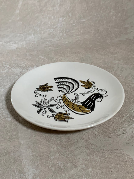 Mid-Century Folk Art Rooster Plate | Black & Mustard Gold Transfer | Pennsylvania Dutch Motif | Salad Plate | Farmhouse Decor | American Dinnerware | circa 1950s–1960s