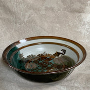 Apple Lane Pottery Bill Nagengast Serving Bowl | Wax Resist Botanical | Forest Green & Walnut | Original Bloomfield Hills Studio | July 1976 | Michigan Studio Porcelain