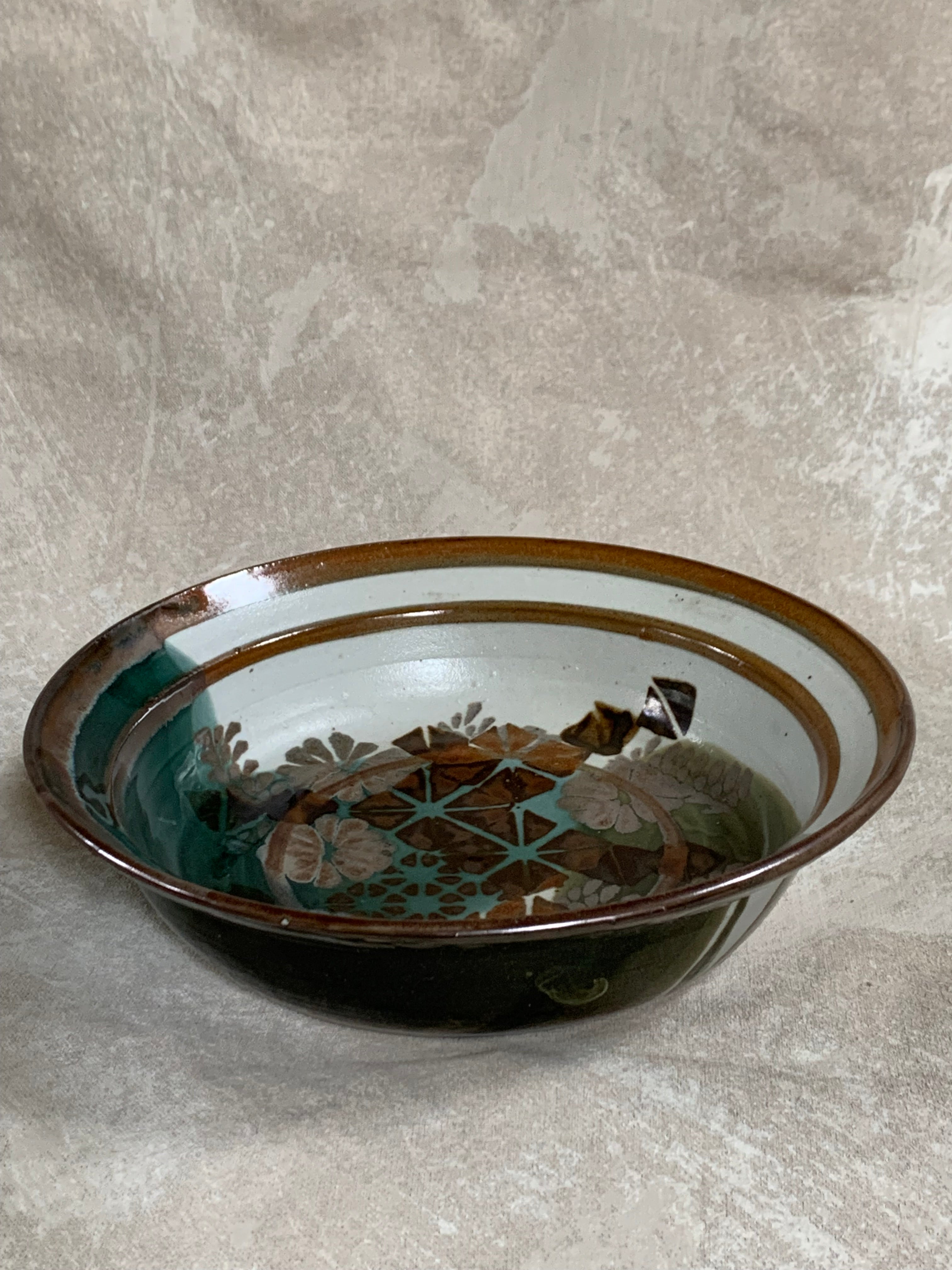 Apple Lane Pottery Bill Nagengast Serving Bowl | Wax Resist Botanical | Forest Green & Walnut | Original Bloomfield Hills Studio | July 1976 | Michigan Studio Porcelain